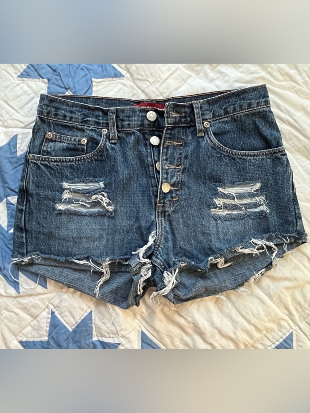 Zena Dark Blue Distressed Button-Front Jean Shorts